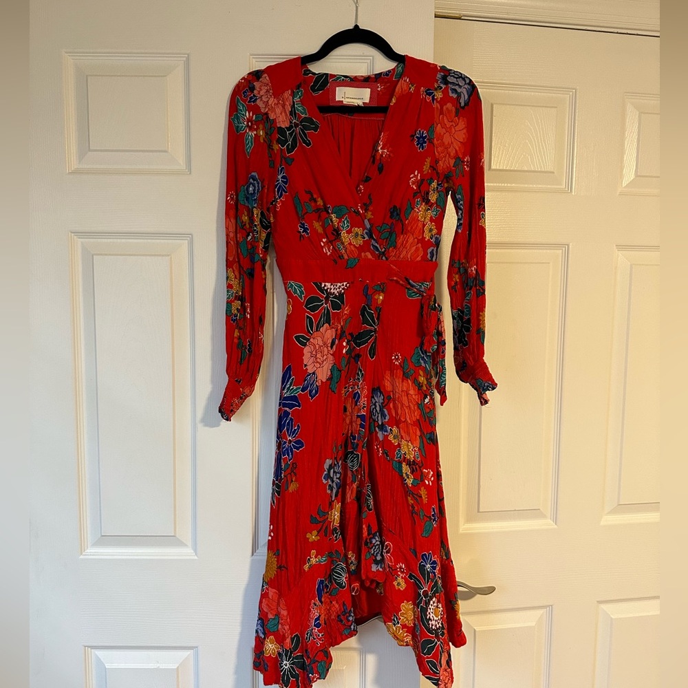 Anthropologie red floral wrap dress